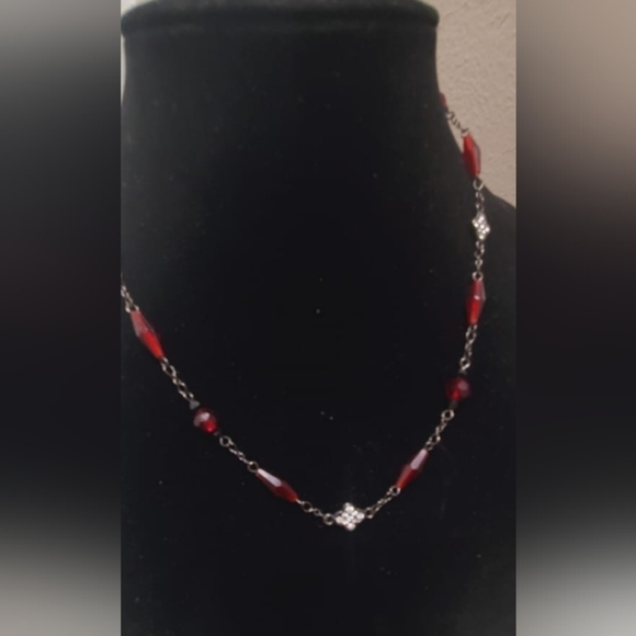 Red Glass Beads And Crystal Linked Necklace.🌴 - Picture 1 of 9